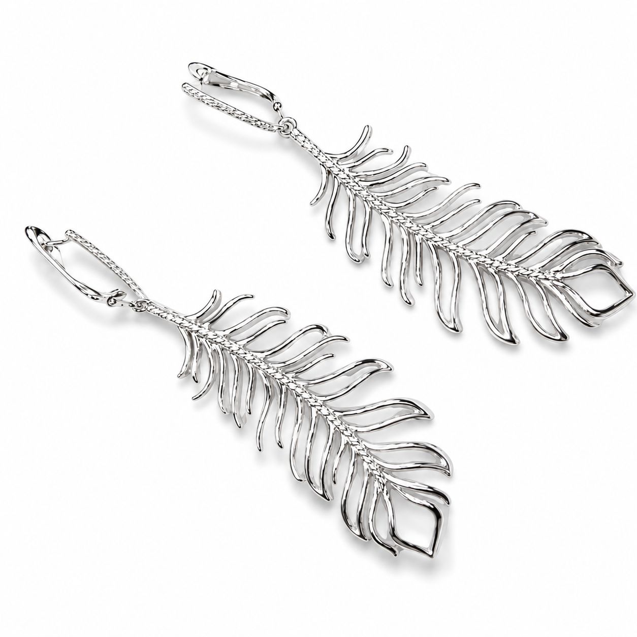 14K White Gold Diamond Designer Feather Dangle Drop Earrings