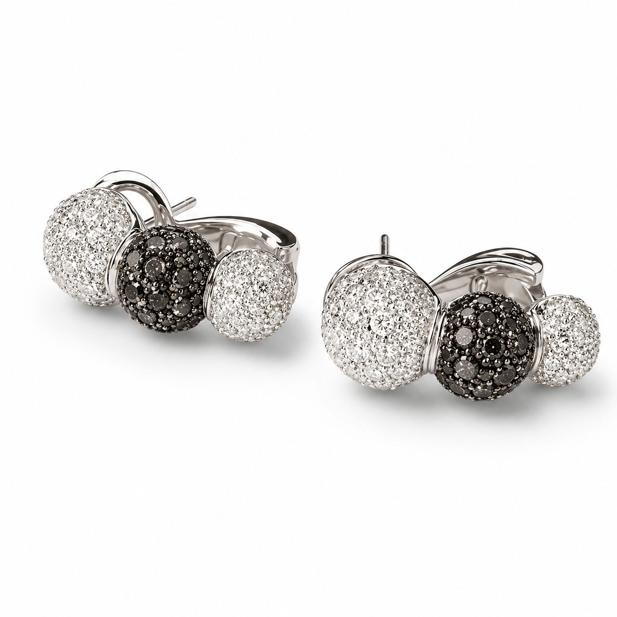 18K White Gold Black and White Diamond Ball Sphere Earrings