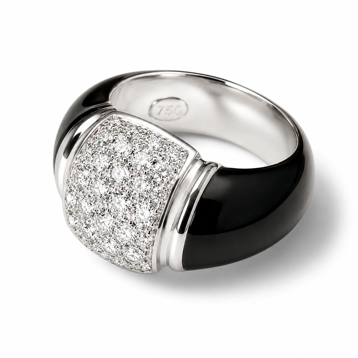 18K White Gold Black Enamel Diamond Designer Ring Band