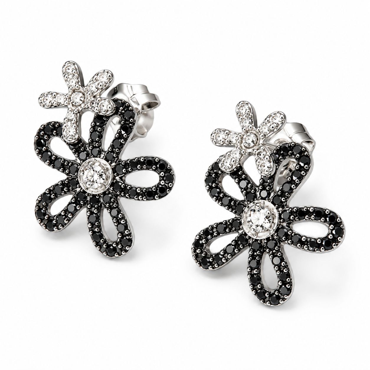 14K White Gold Pave Black and White Diamond Floral Flower Earrings