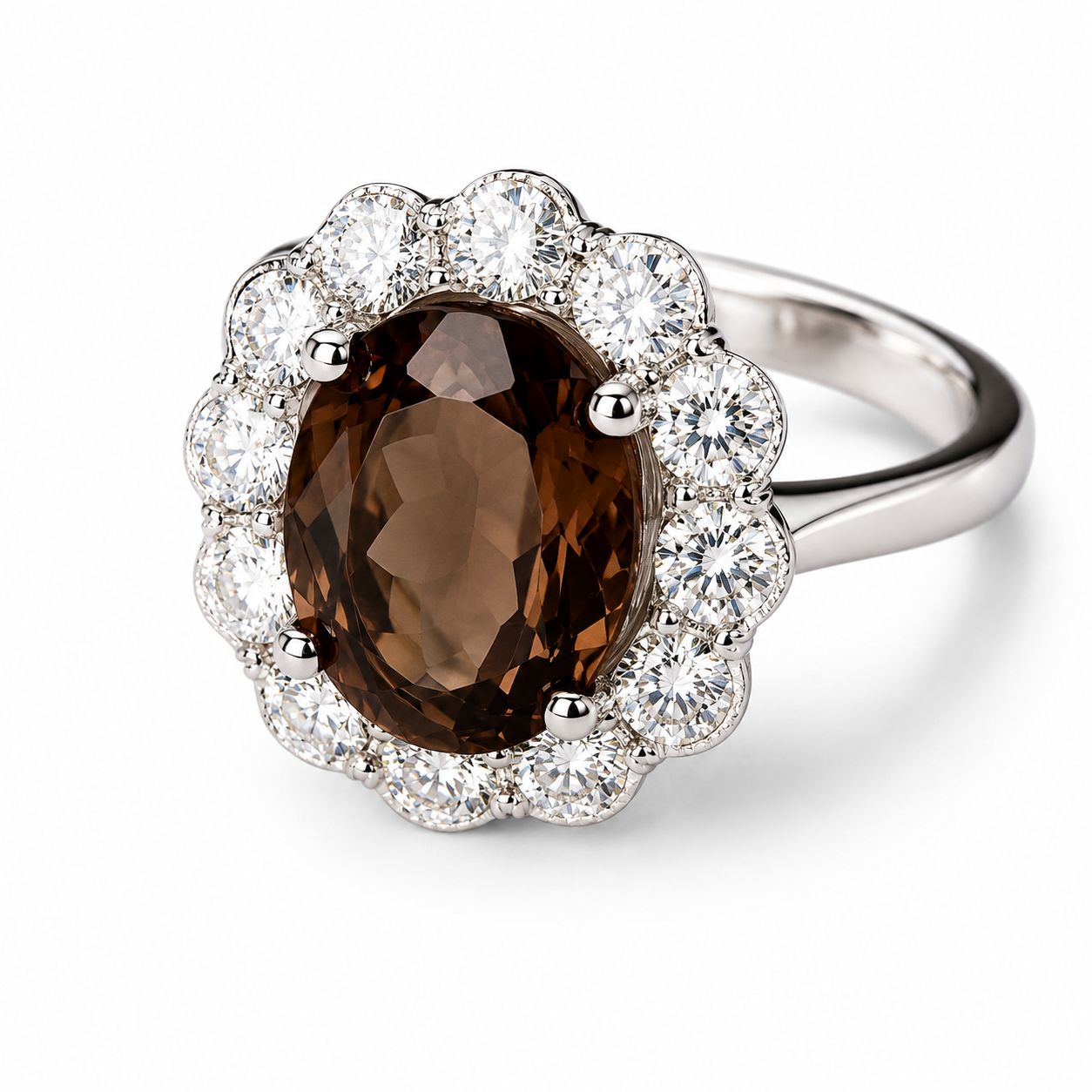 14K White Gold Huge Smokey Quartz Diamond Ring Band