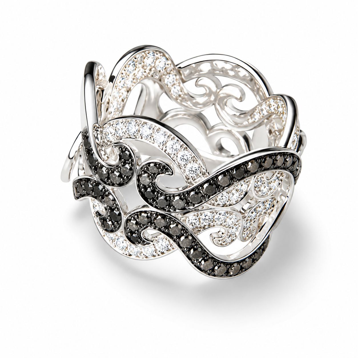 14K White Gold Black and White Diamond Scroll Designer Ring Band