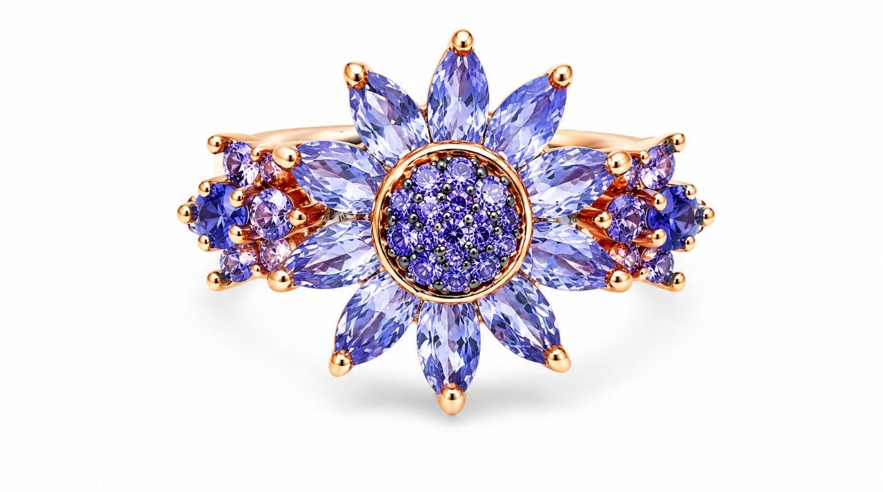 14K Pink Rose Gold Estate Iolite Tanzanite Sunflower Band Ring