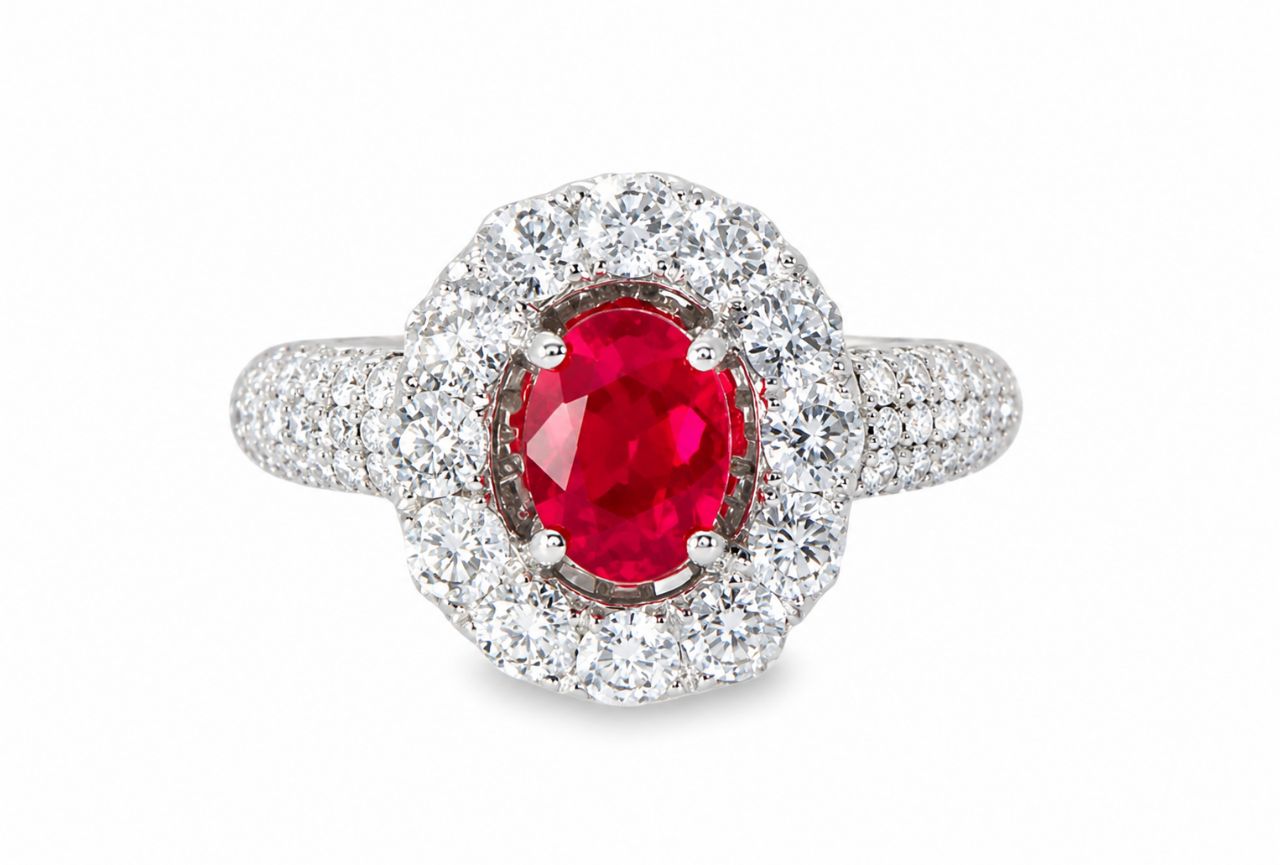 14K White Gold Ruby Micro Pave Diamond Designer Ring