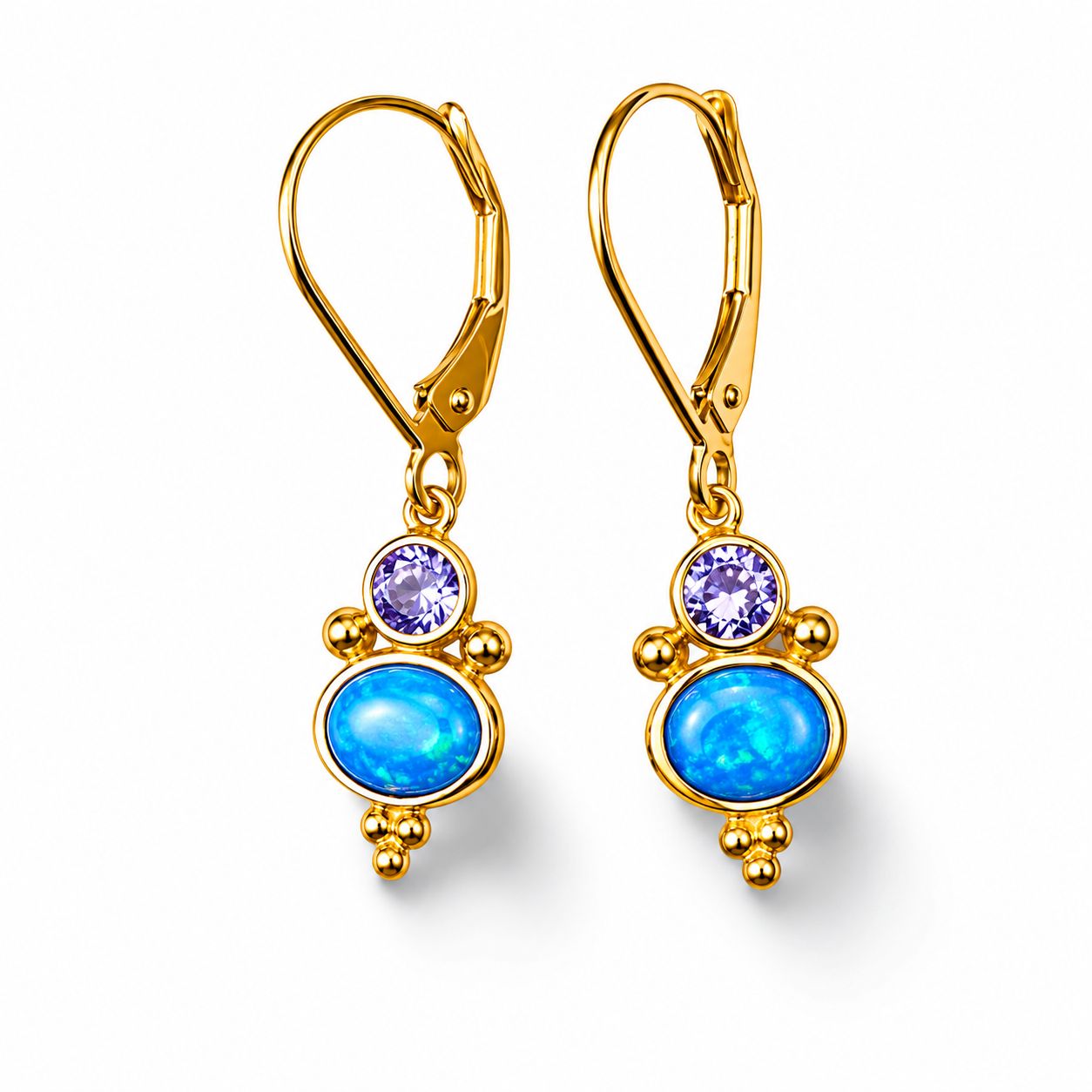 14K Yellow Gold Blue Opal Tanzanite Dangle Drop Designer Earrings