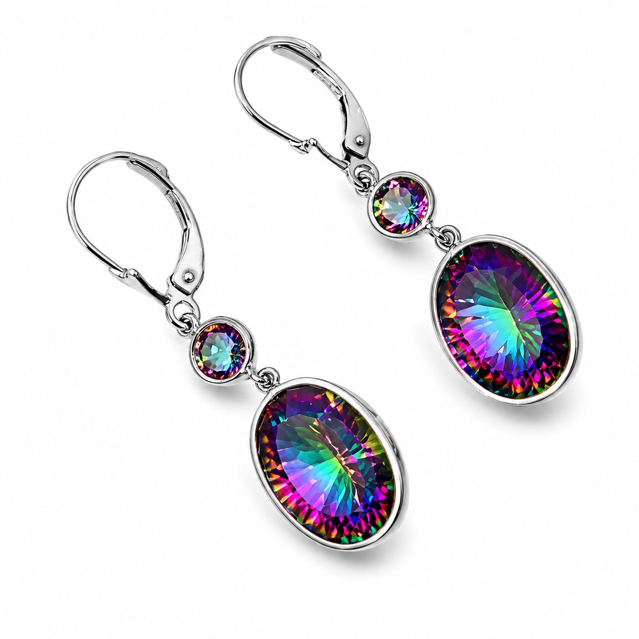 14K White Gold Huge Mystic Quartz Dangle Drop Earrings