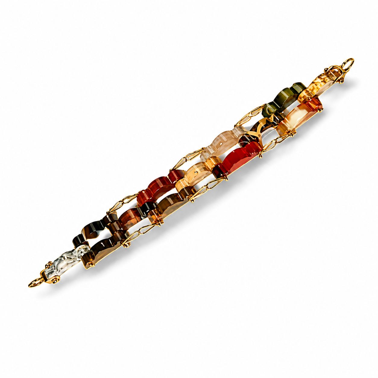 18K Yellow Gold Hand Carved Multi Colored Agate Designer Bracelet