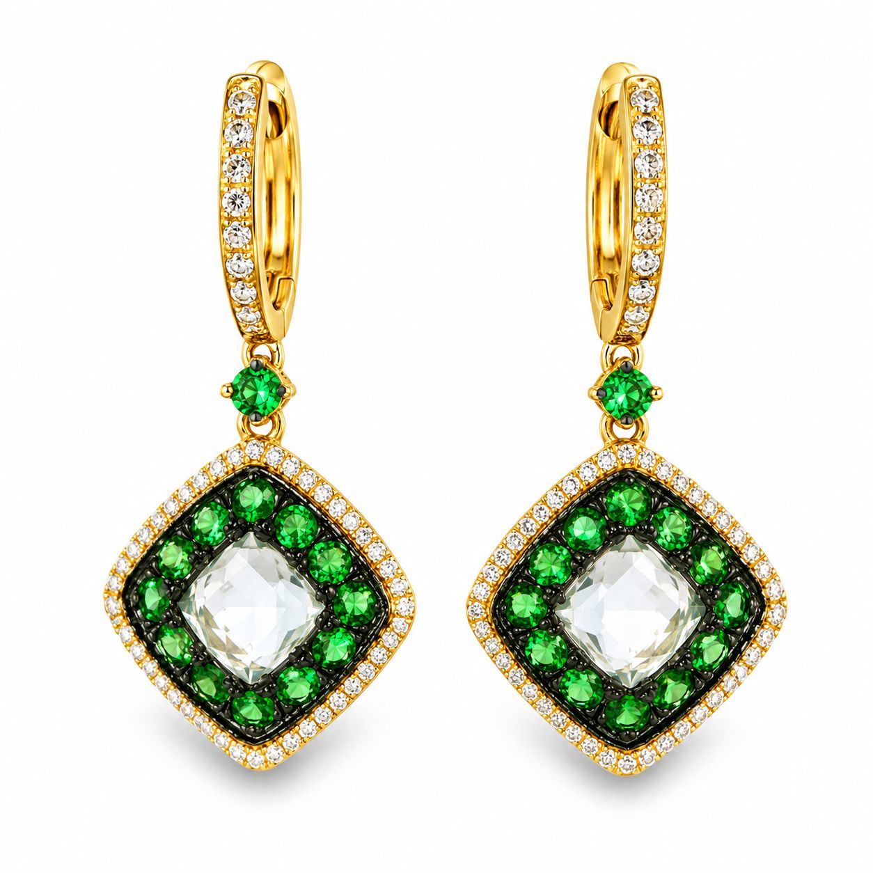 14K Yellow Gold Green Amethyst Diamond Tsavorite Drop Dangle Earrings
