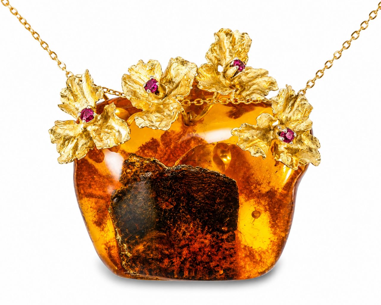14K Yellow Gold Amber Ruby Floral Pendant Necklace
