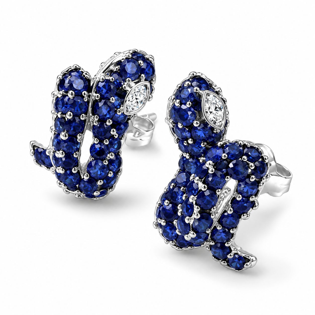 Sterling Silver 925 Snake Diamond Sapphire Earrings