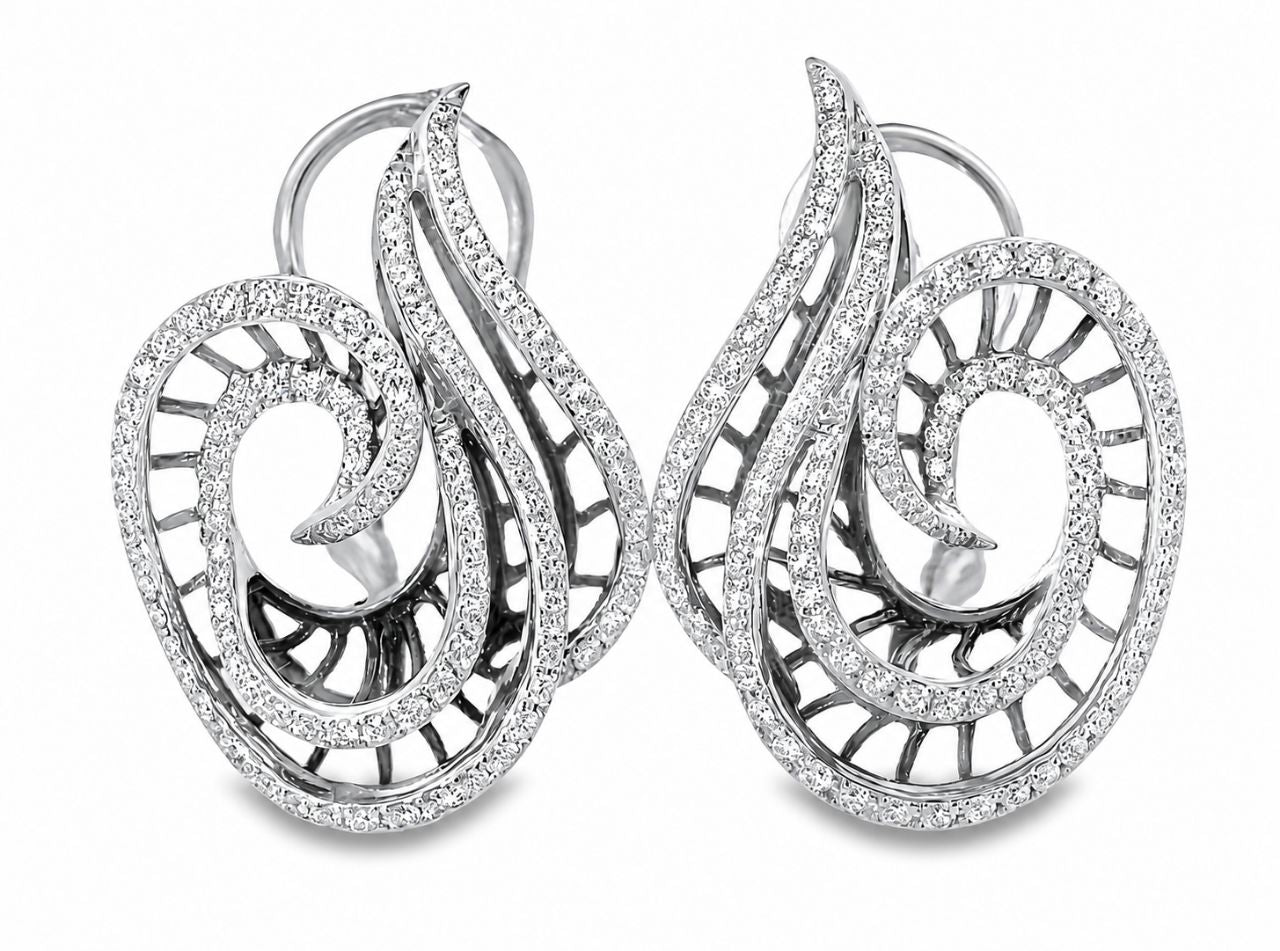 18K White Gold Italian Designer Odelia Diamond Swirl French Clip Earrings