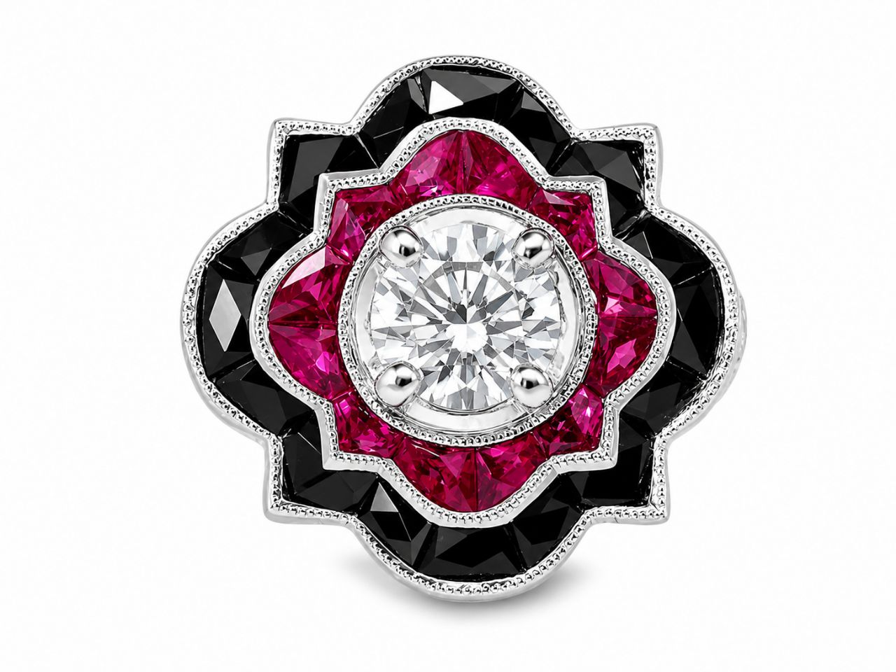 18K White Gold Onyx Ruby Diamond Art Deco Handmade Engagement Ring