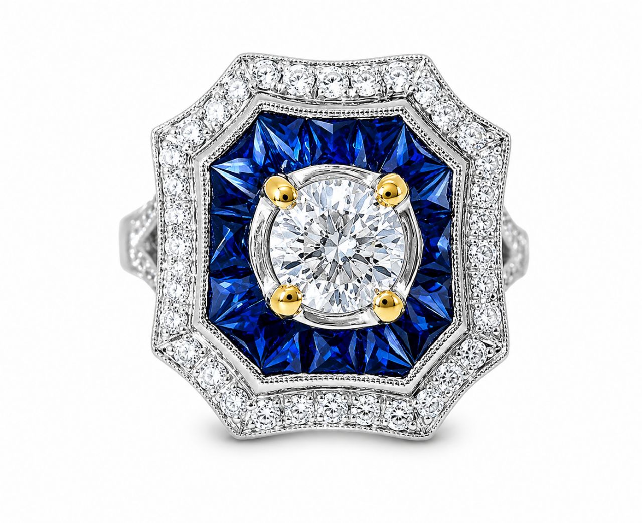 18K White Gold Hand Cut Sapphire Solitaire Diamond Art Deco Handmade Engagement Ring