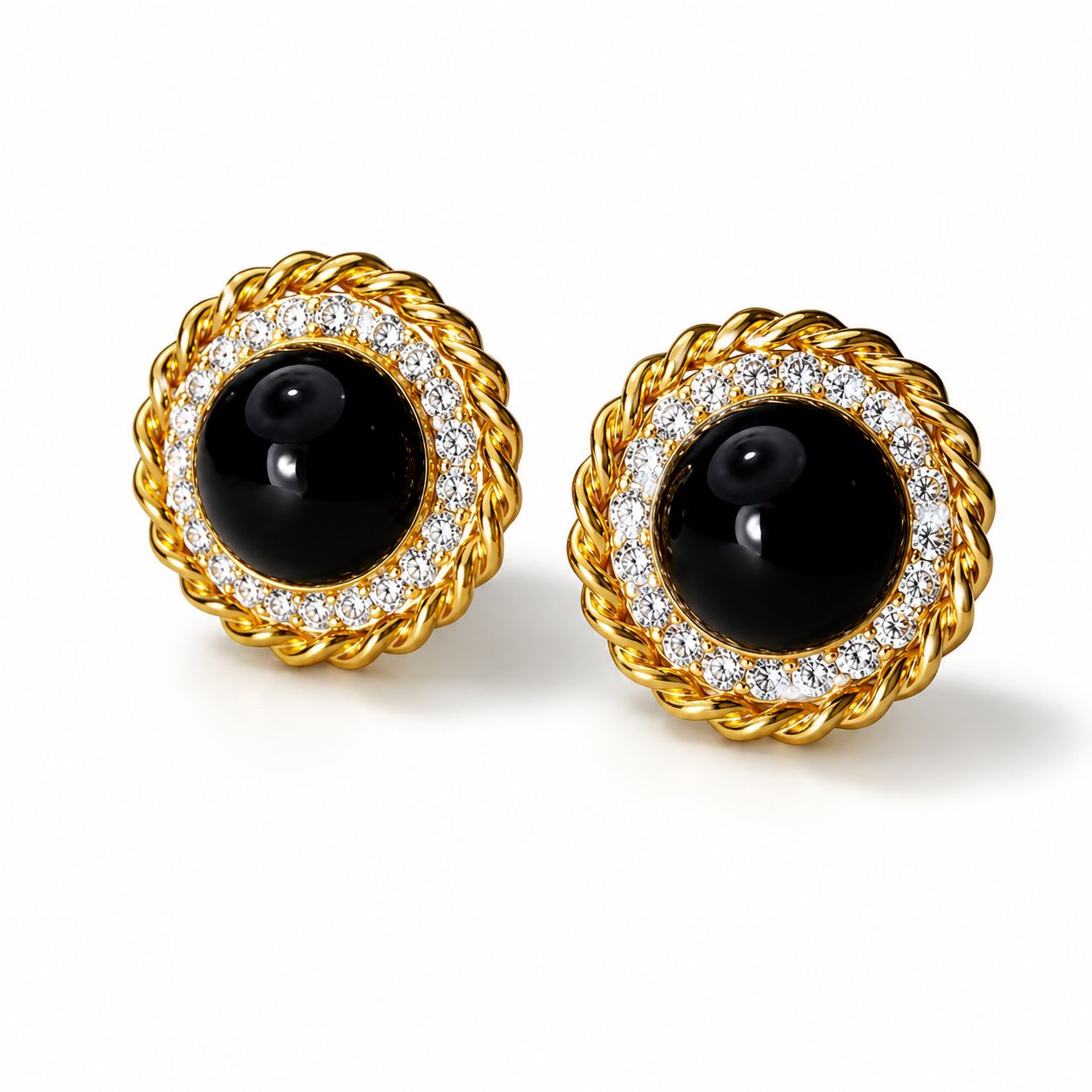 14K Yellow Gold Cabochon Onyx Halo Diamond Handmade Earrings
