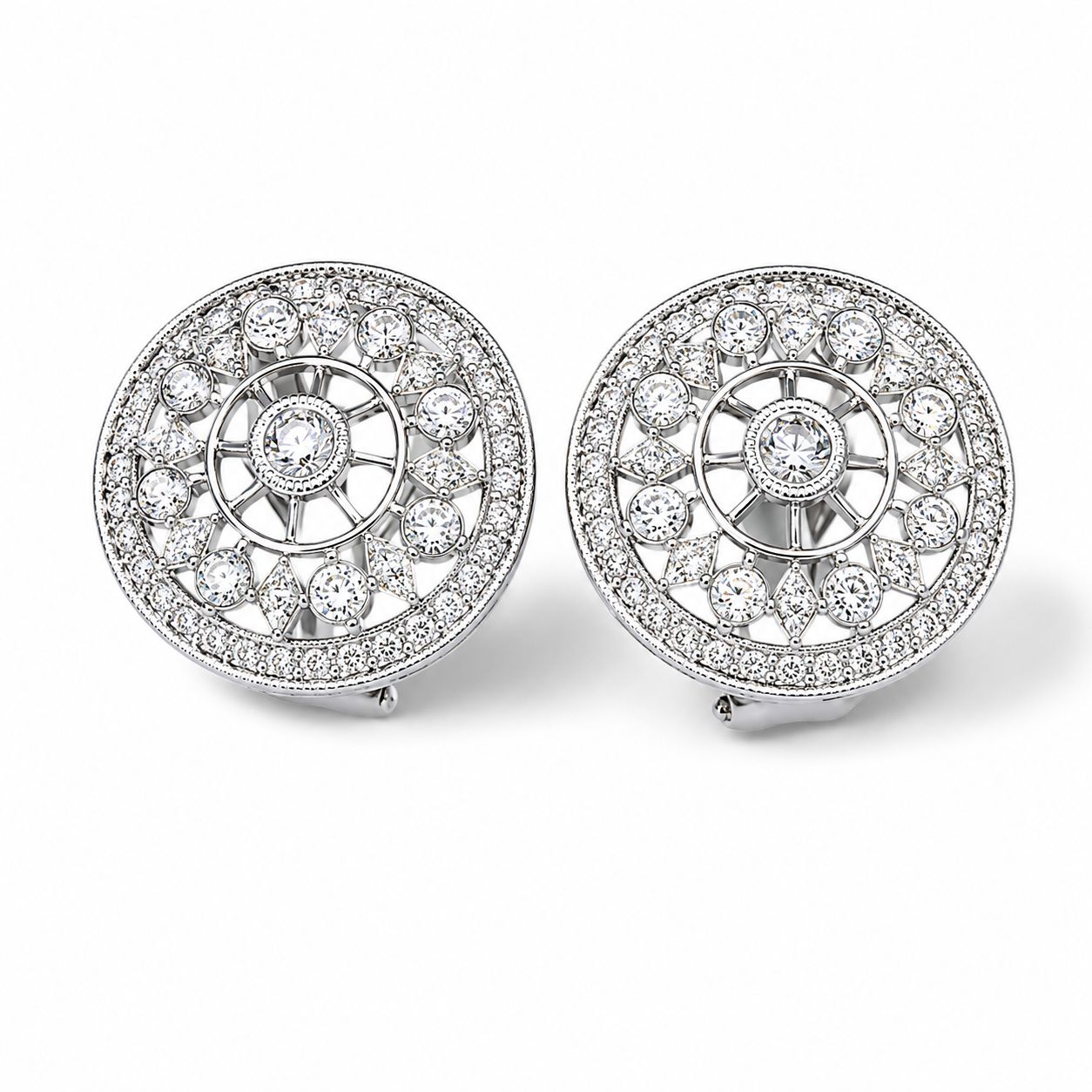 18K White Gold Rose Cut Diamond Filigree Cluster Antique Earrings Estate