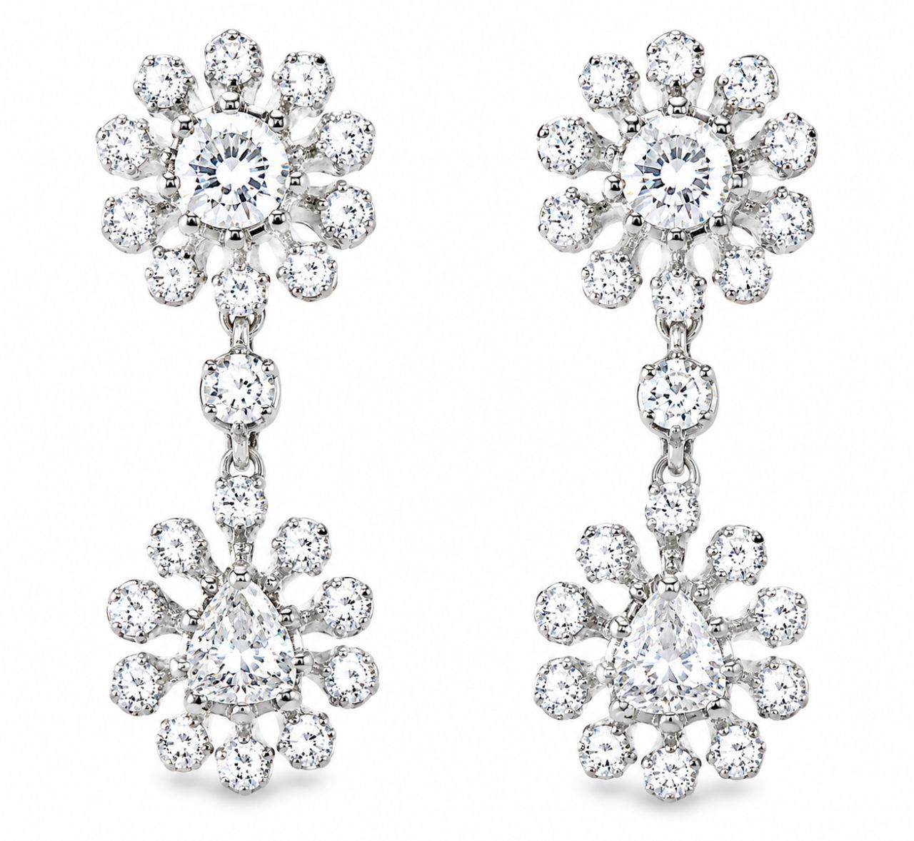 18K White Gold Diamond Floral Drop Antique Earrings Estate