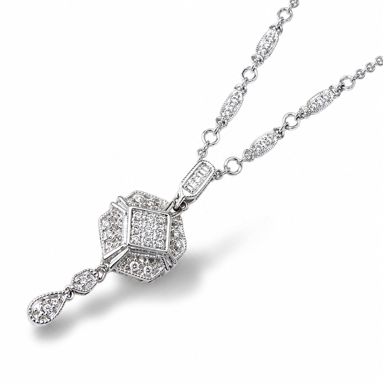 14K White Gold Diamond Lariat Station Antique Necklace
