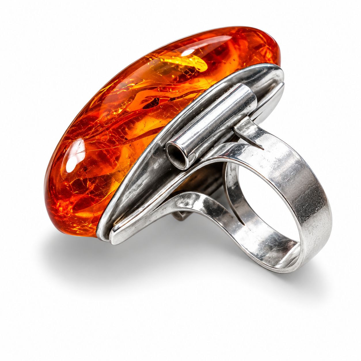 Art Deco Sterling Silver 925 Huge Baltic Amber Ring Band