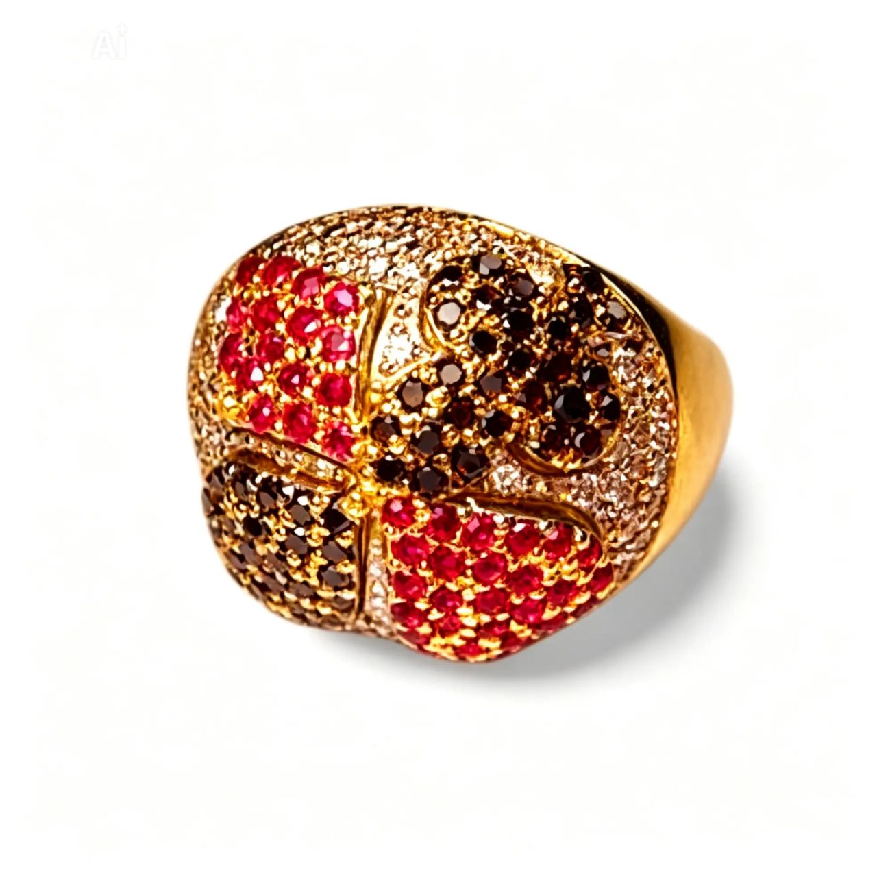 18K Yellow Gold Designer Ruby & Black Diamond Poker Casino BlackJack Ring
