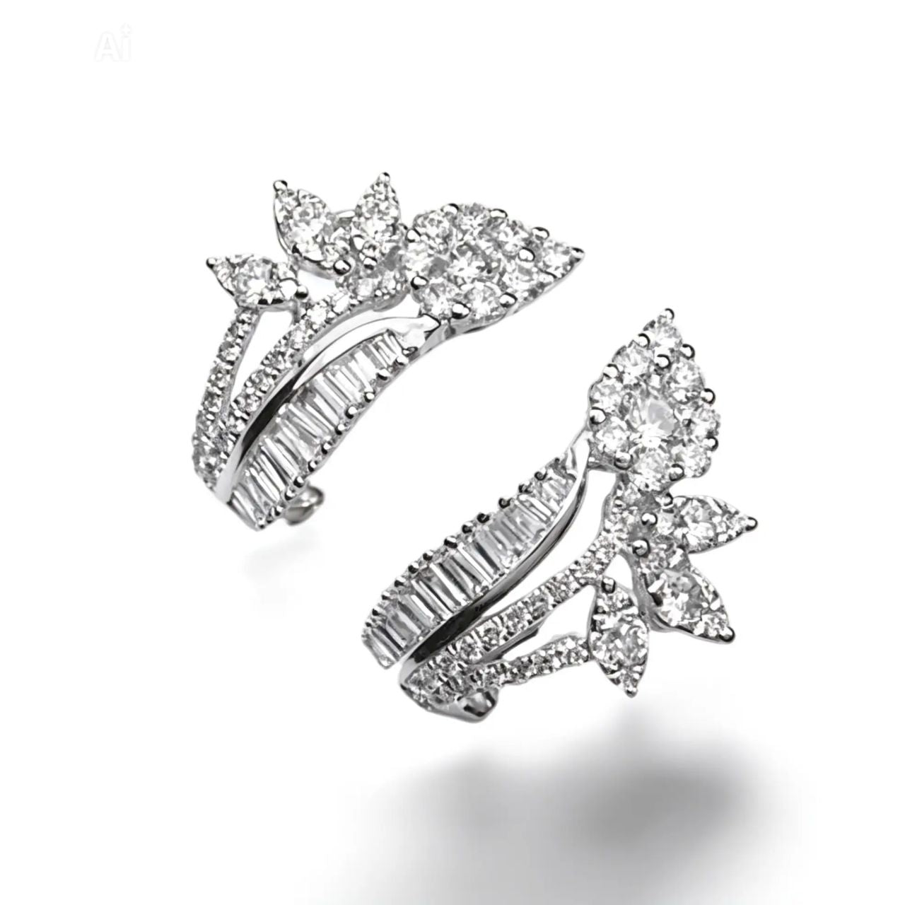 18K White Gold Designer Diamond Flower French Clip Earrings