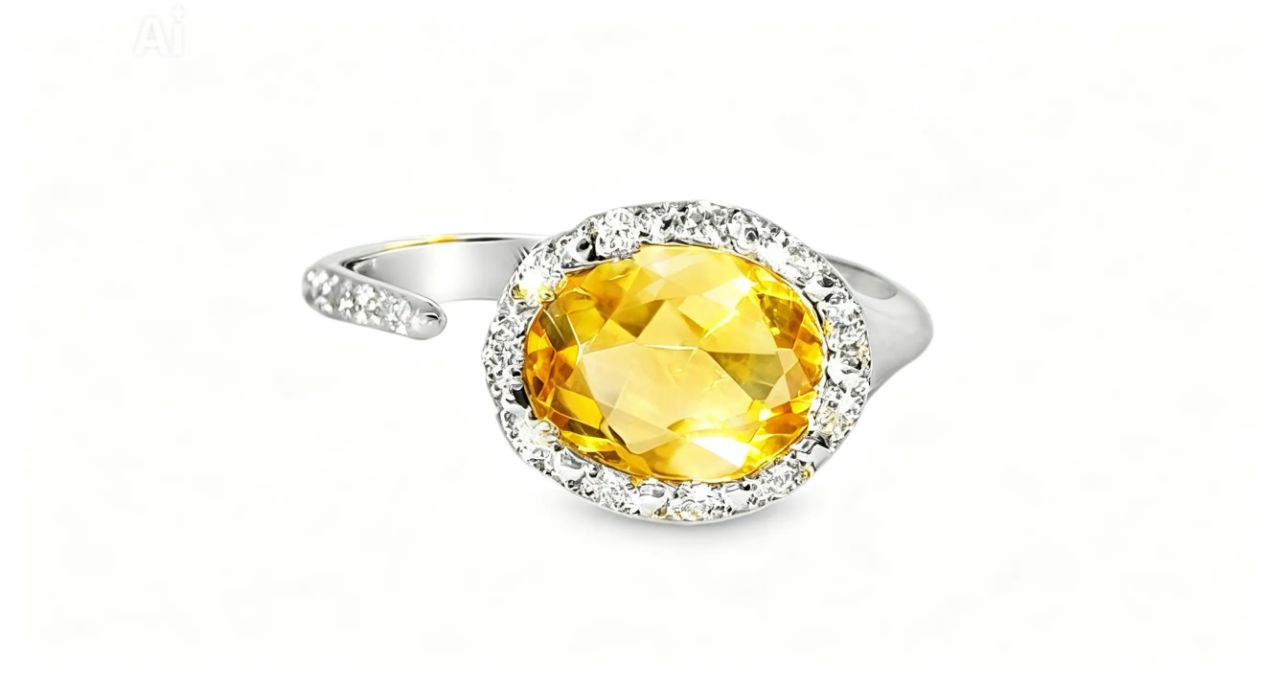 18K White Gold Citrine Diamond Designer Ring Band