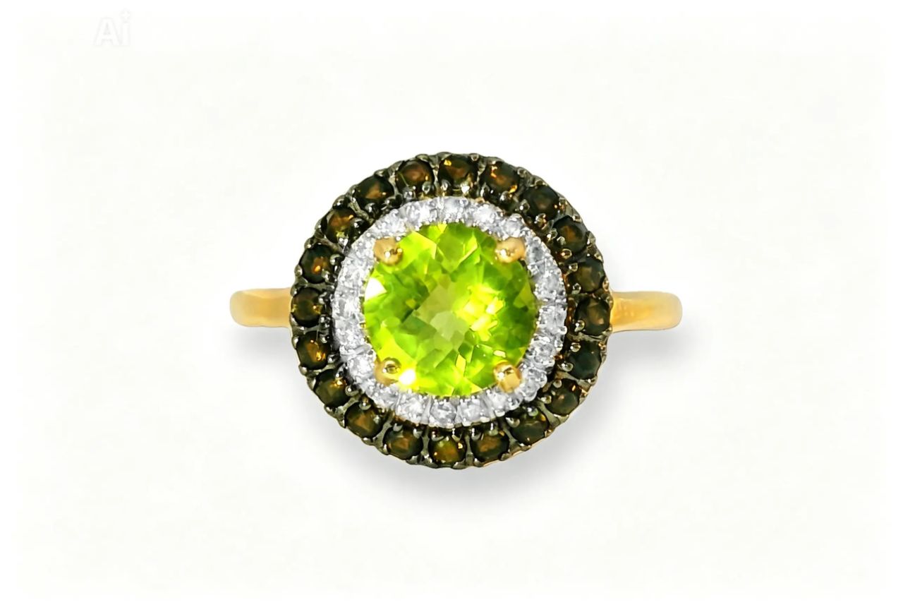 14K Yellow Gold Peridot Smokey Quartz Diamond Ring Band