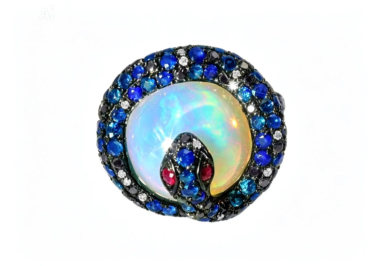 14K White Gold Chalcedony Quartz Sapphire Ruby Diamond Snake Ring Band