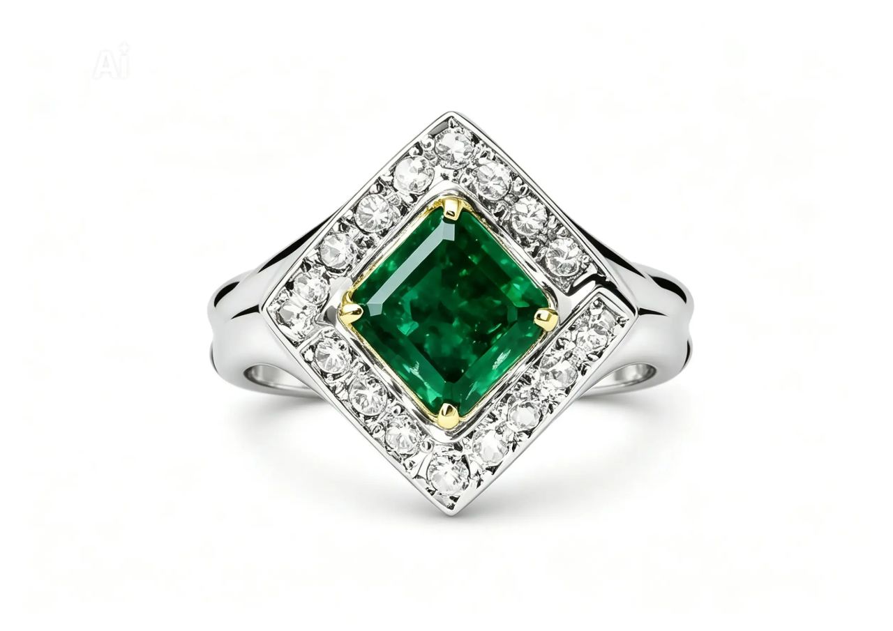 14K White Gold Emerald Diamond Designer Ring