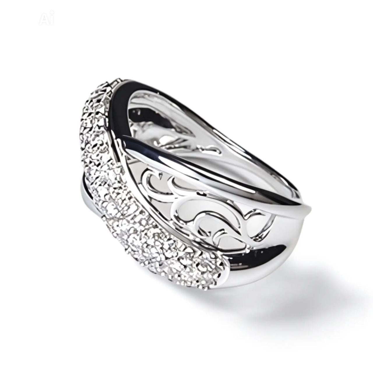14K White Gold Paved Diamond Bridge Swirl Cocktail Ring