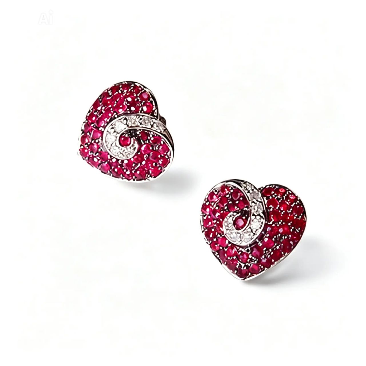 14K White Gold Ruby Diamond Designer Heart Stud Earrings