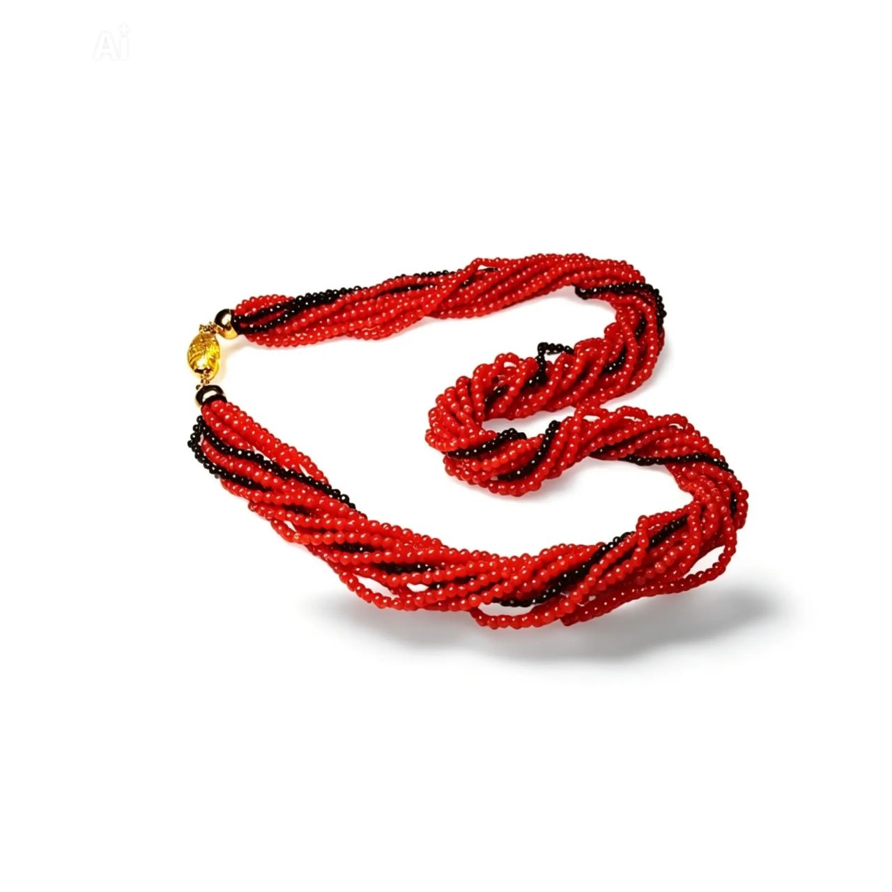 18K Yellow Gold Clasp Onyx Red Undyed Coral Strand Necklace