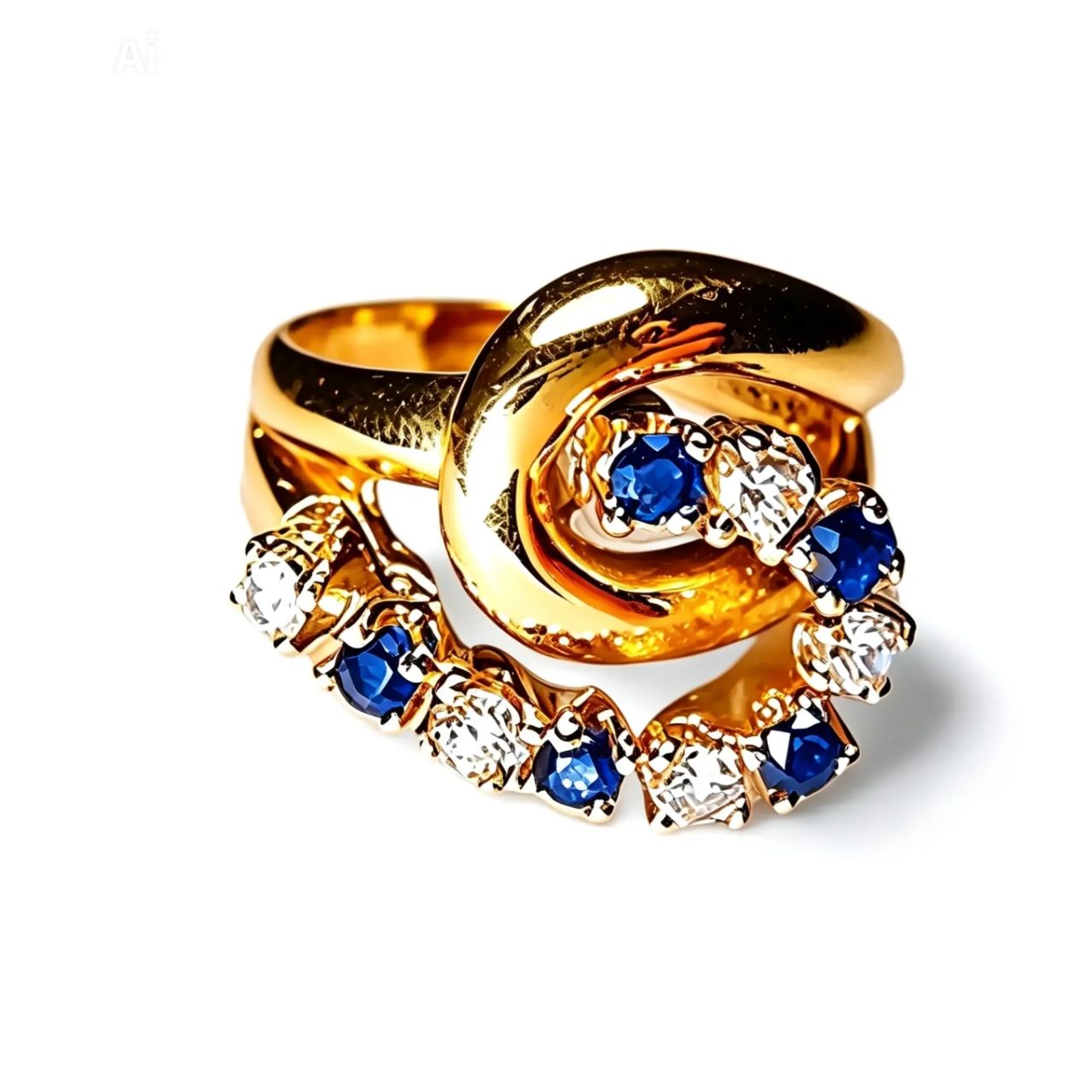 14K Yellow Gold Diamond Sapphire Swirl Ring Band