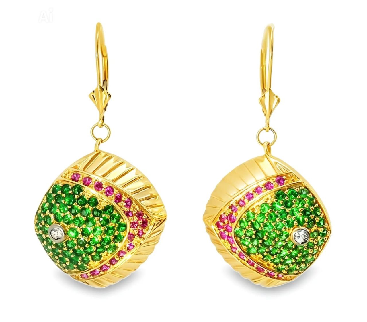 14K Yellow Gold Diamond Sapphire Fishes Earrings