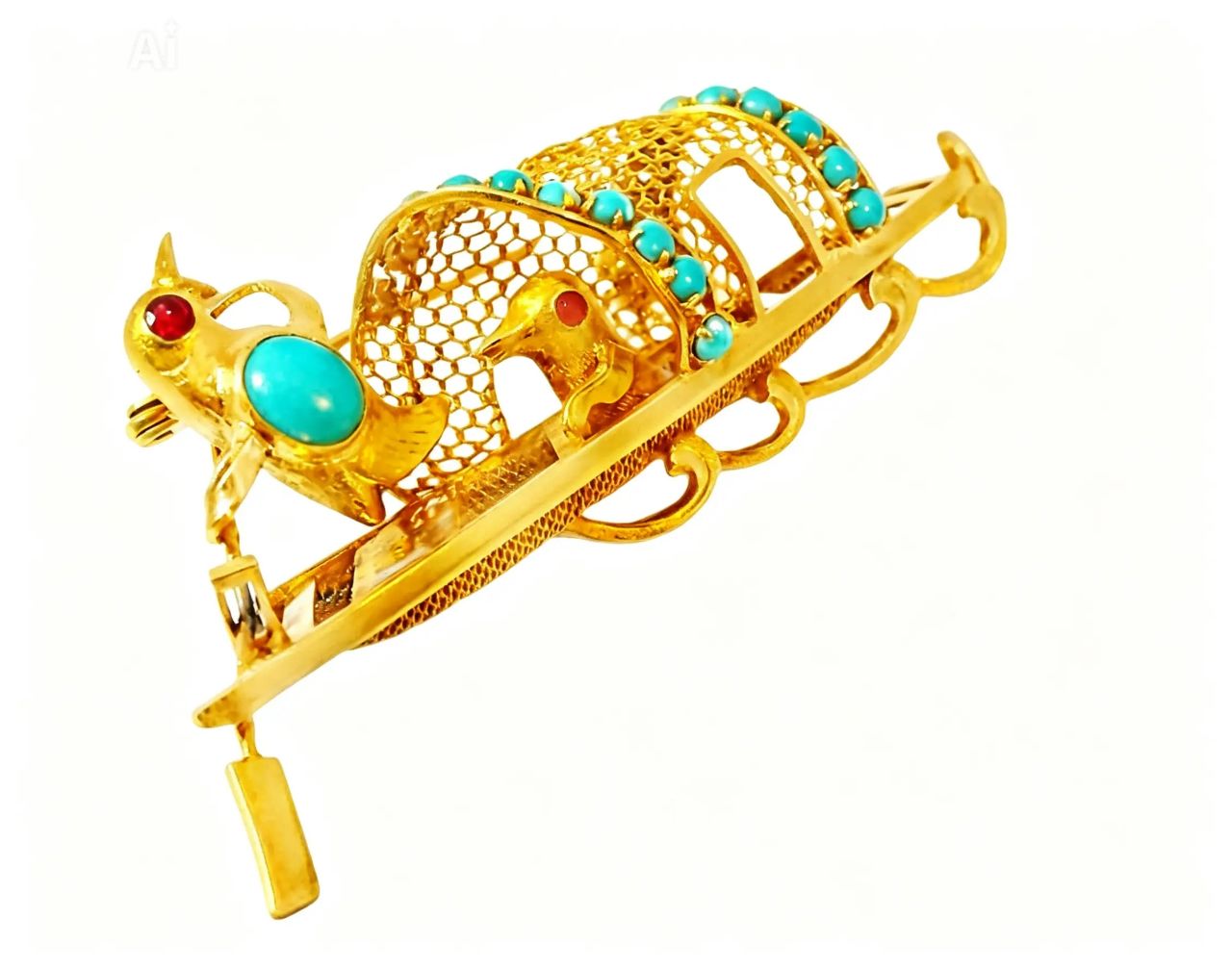 14K Yellow Gold Ruby Turquoise Lovebirds Boat Brooch Pin