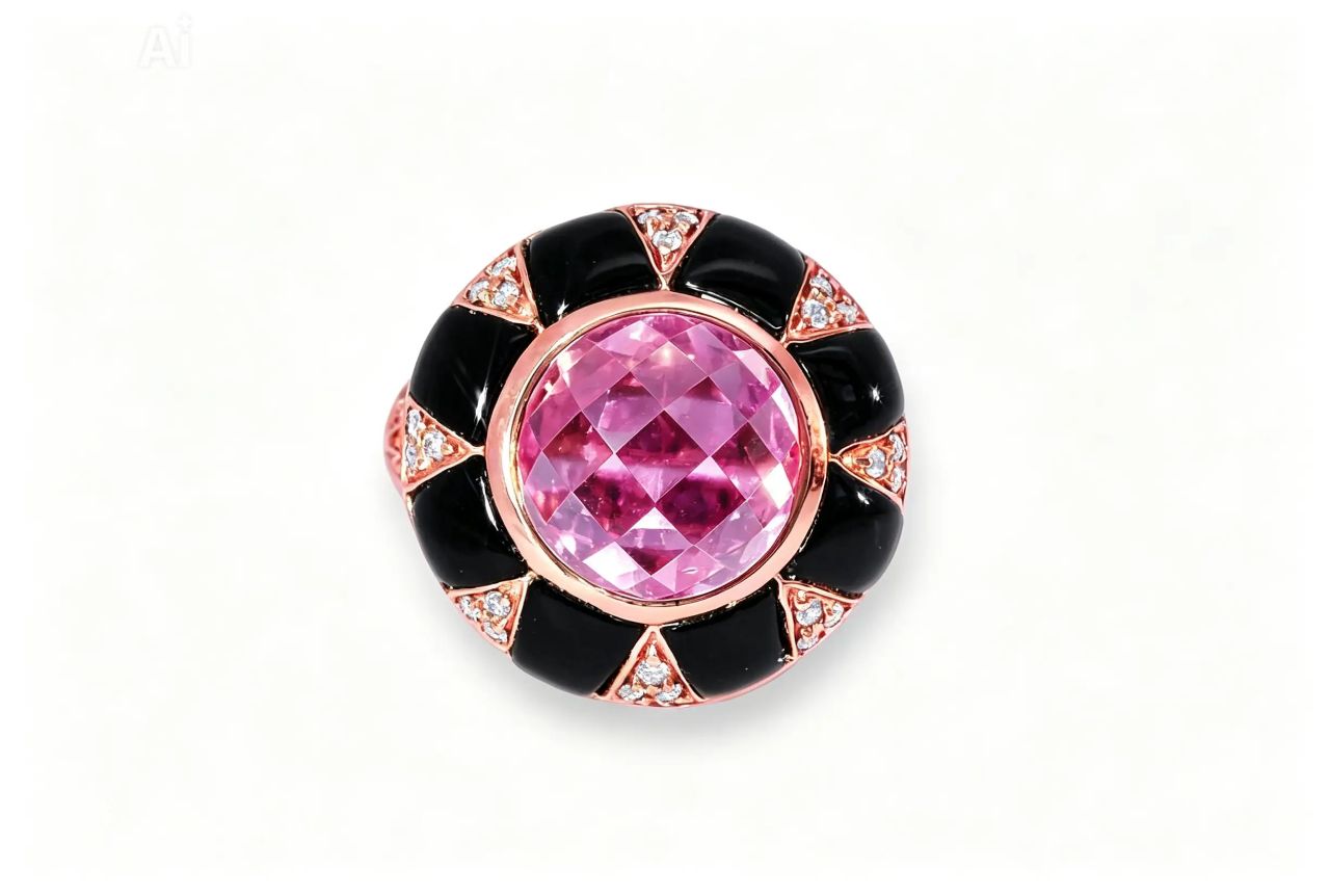 14K Pink Rose Gold Amethyst Onyx Diamond Cocktail Ring