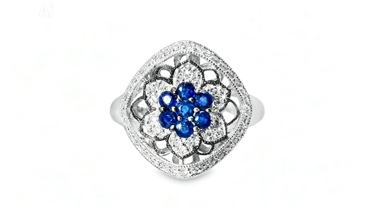 14K White Gold Sapphire Diamond Antique Floral Flower Ring