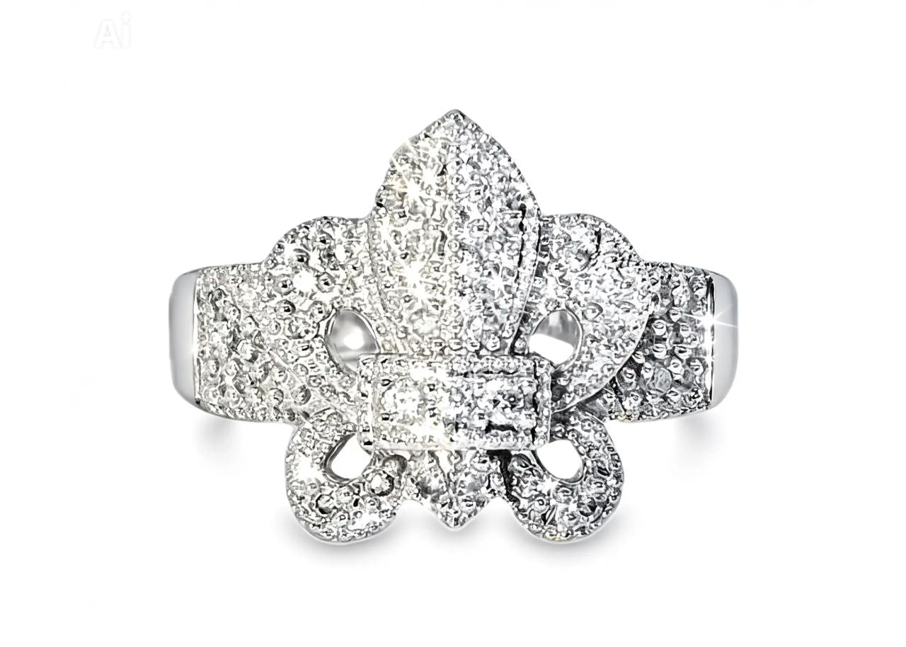 14K White Gold Diamond Fleur de lis Ring