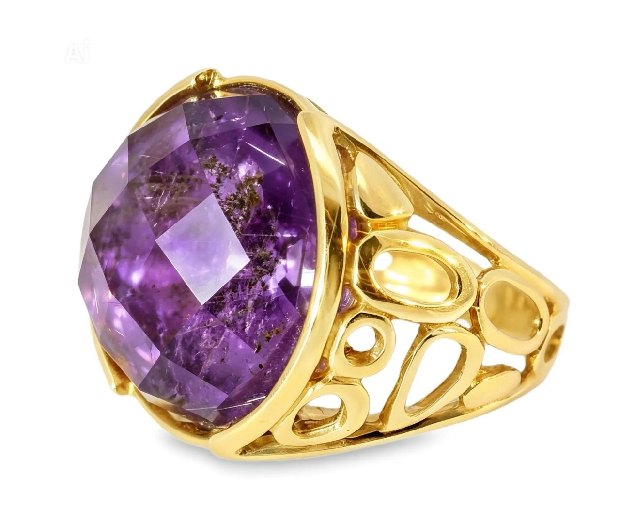 14K Yellow Gold Designer Handmade Mossy Tourmalinated Amethyst Ring