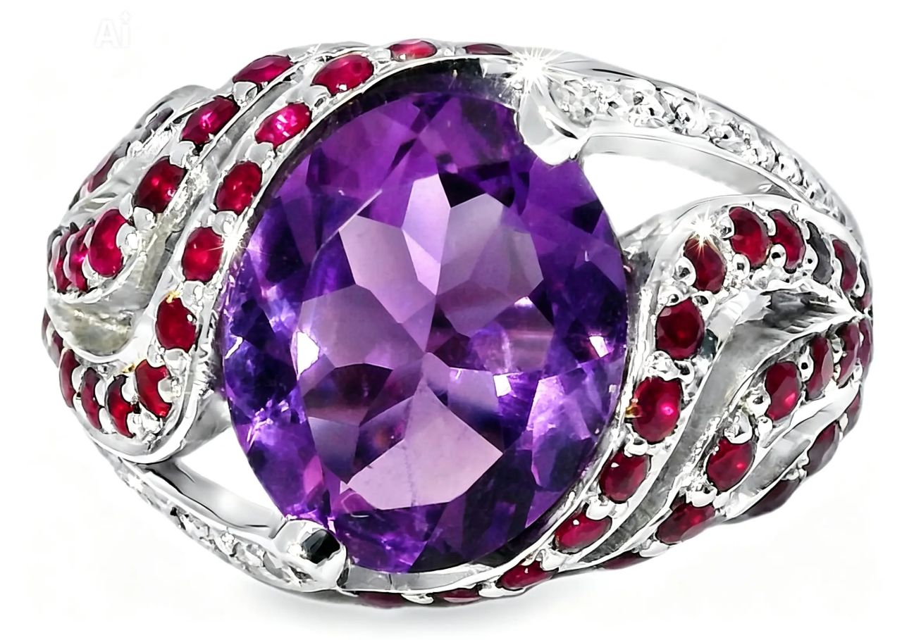 14K White Gold Amethyst Ruby Pave Diamond Ring Band