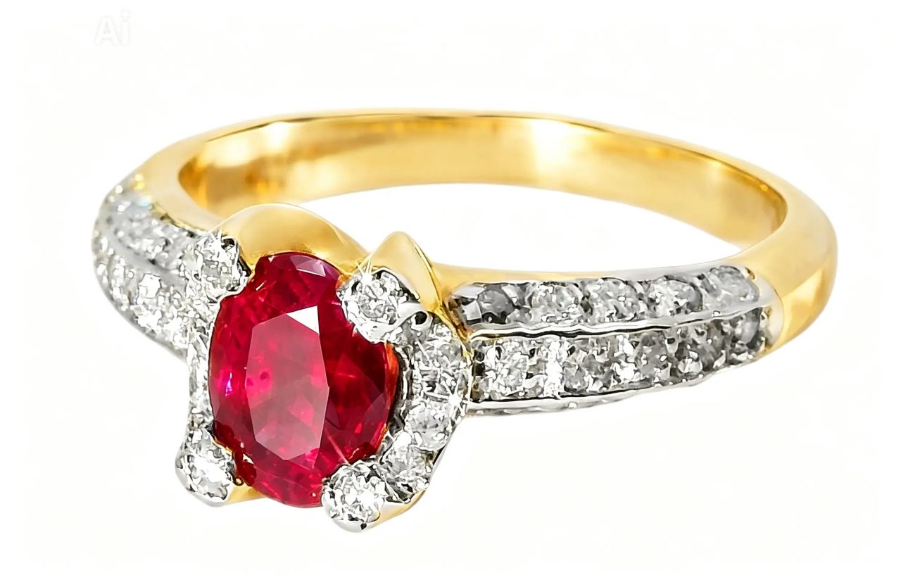 14K Yellow Gold Pave Diamond Ruby Designer Band Ring