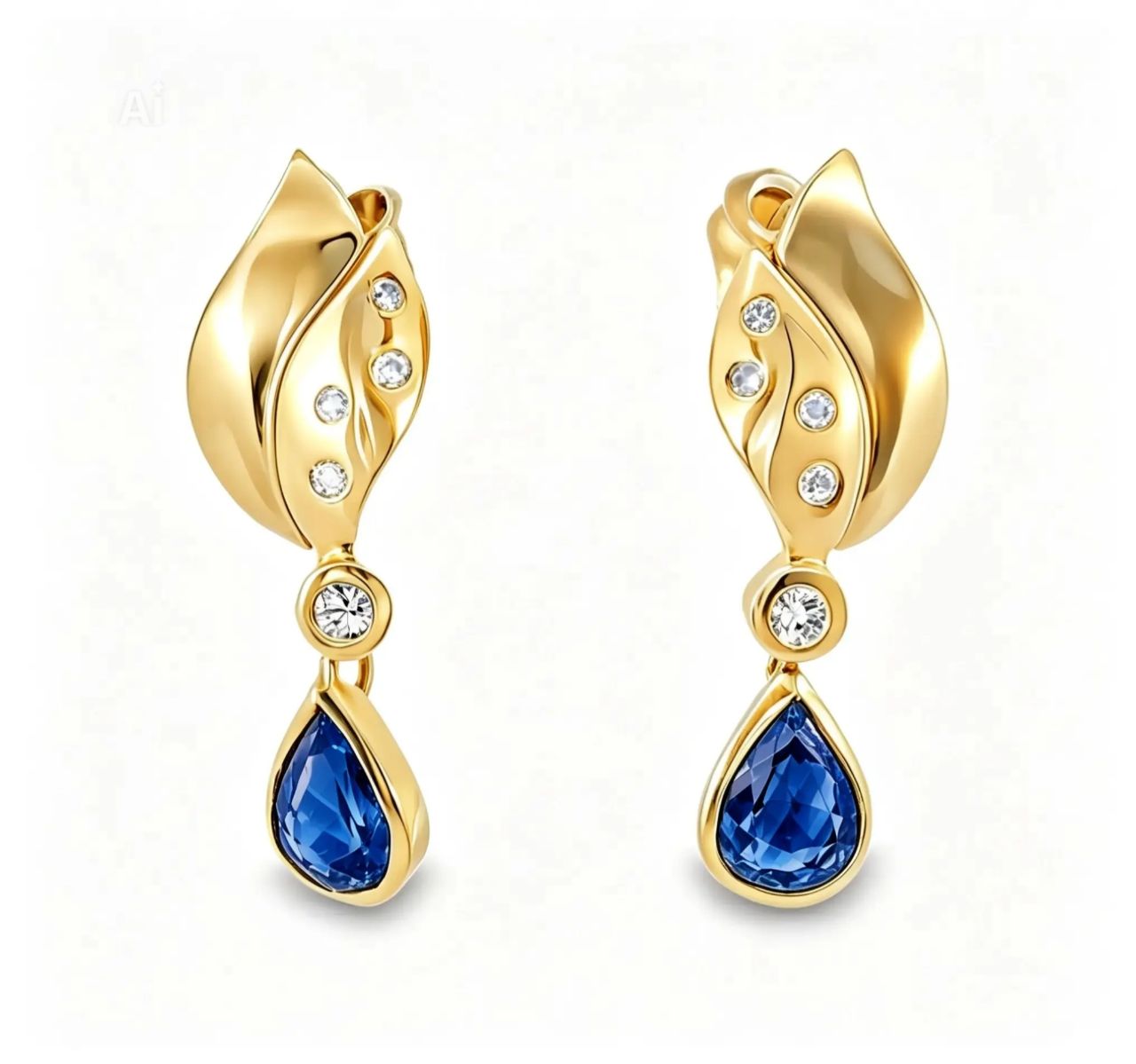 14K Yellow Gold Diamond Sapphire Tear Drop Pear Dangle Earrings