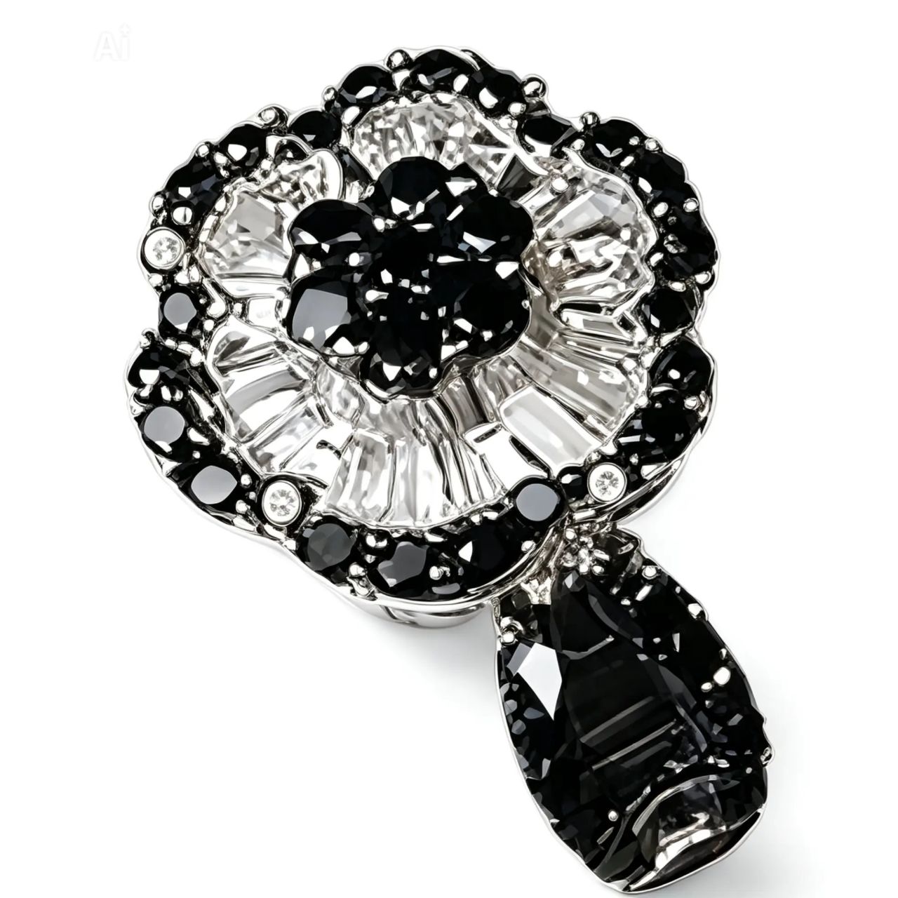 14K White Gold Black Diamond Floral Flower Ring