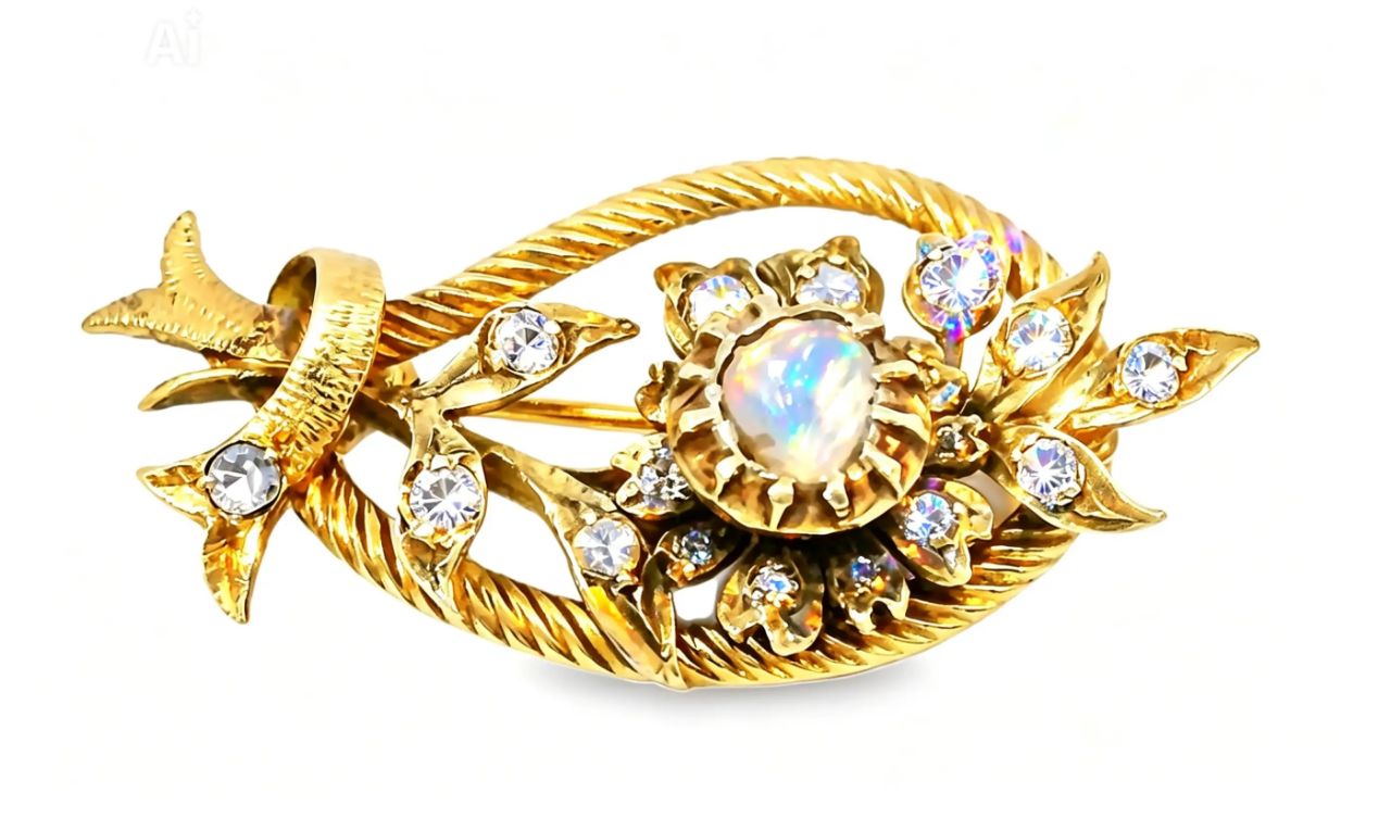 14K Yellow Gold Flower Floral Raw Diamond Antique Brooch Pin