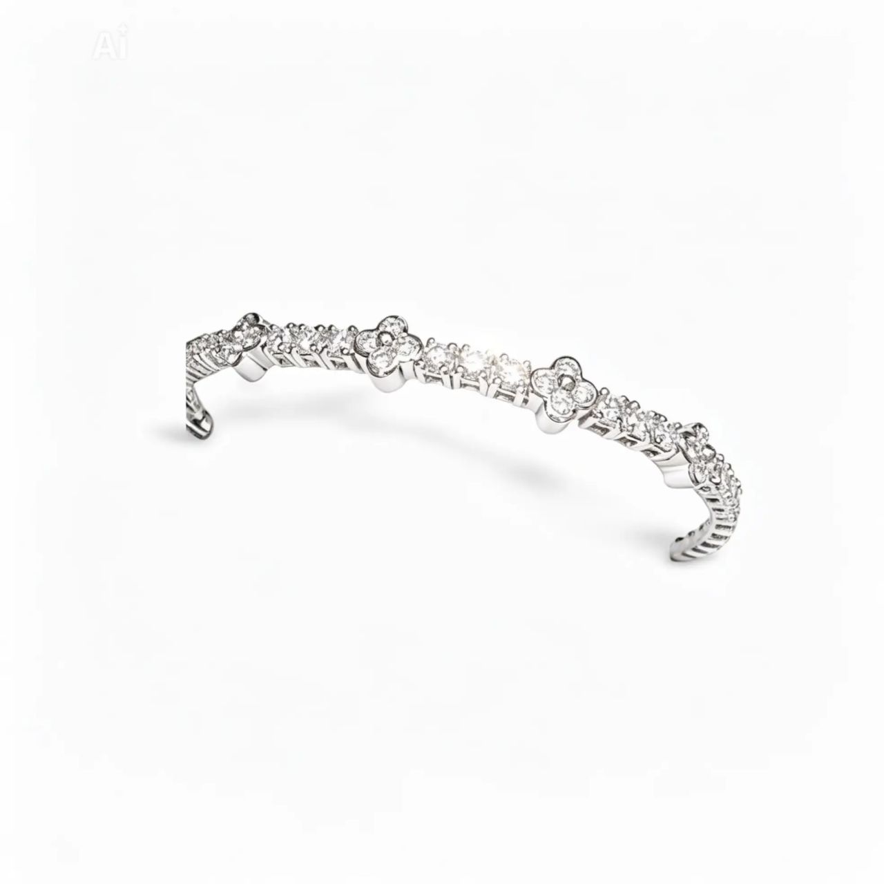 18K White Gold Diamond Floral Flower Bangle Bracelet