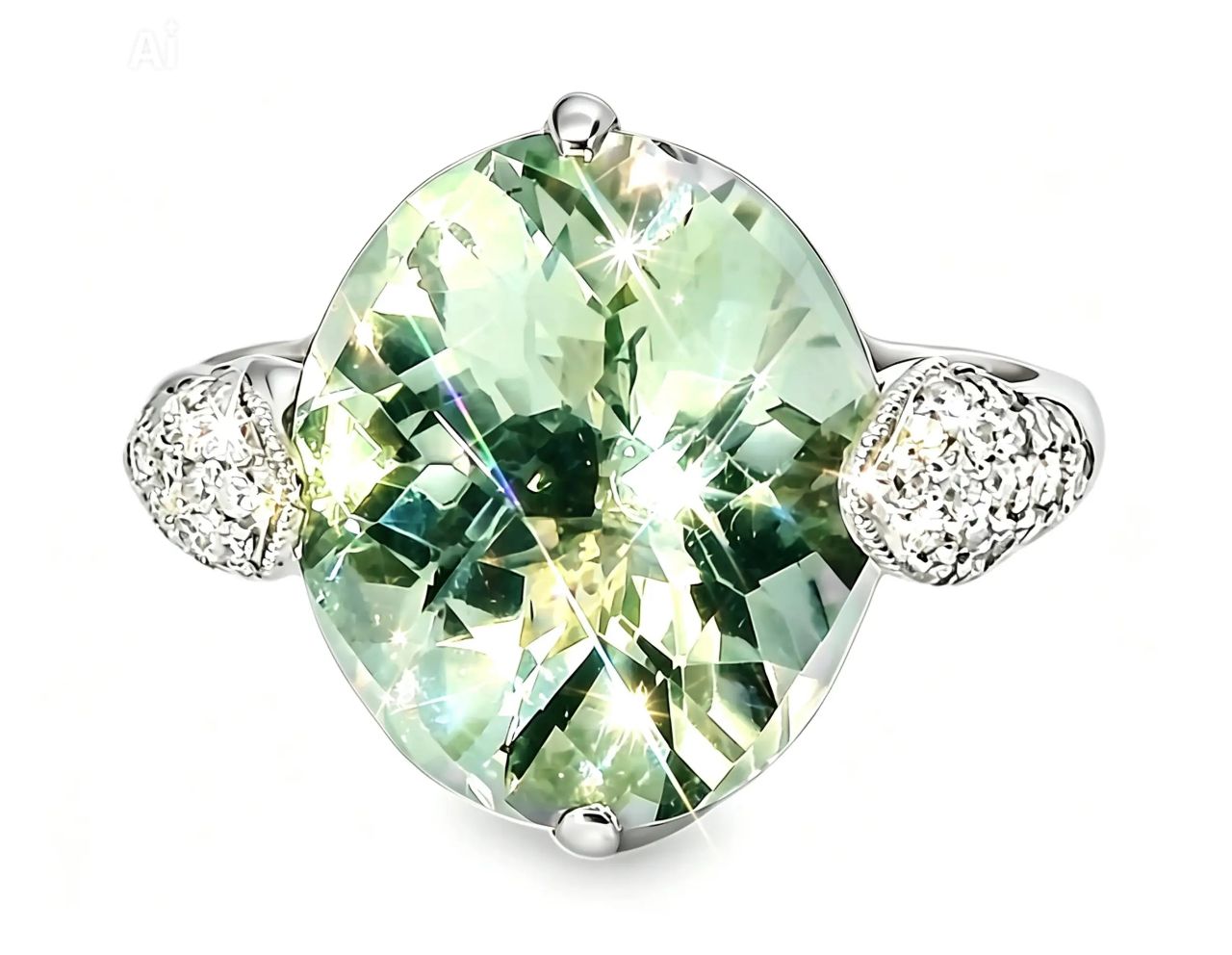 14K White Gold Green Amethyst Pave Diamond Ring