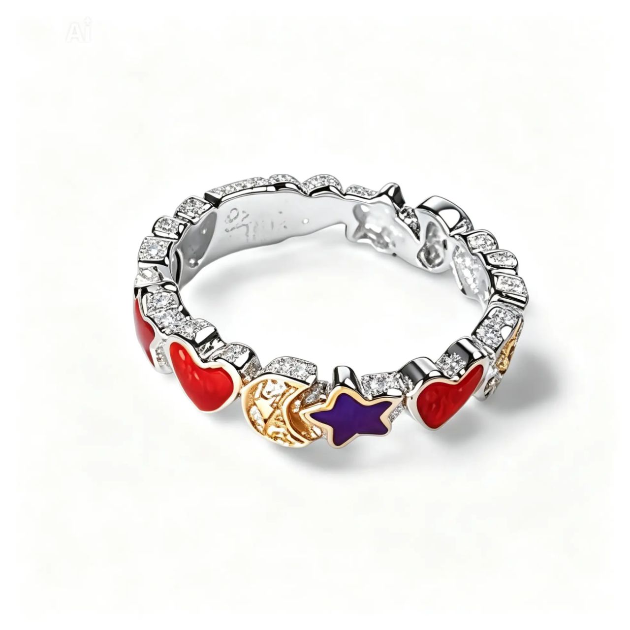 18K White Gold Hidalgo Diamond Authentic Enamel Heart Moon Star Band