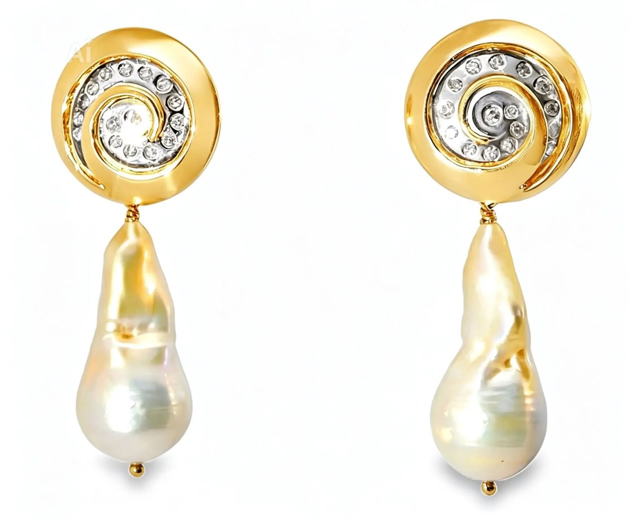 14K Gold Baroque Pearl Diamond Swirl Drop Earrings