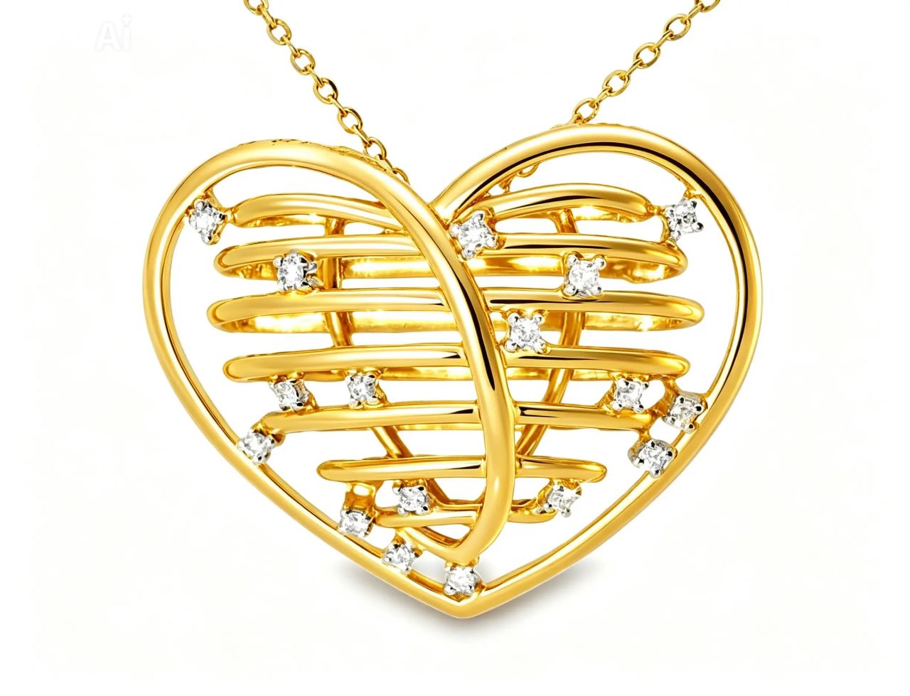14K Matte Yellow Gold Huge Wired Diamond Heart Pendant