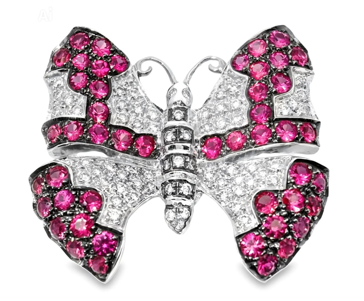 18K White Gold Ruby Pave Diamond Butterfly Brooch Pin