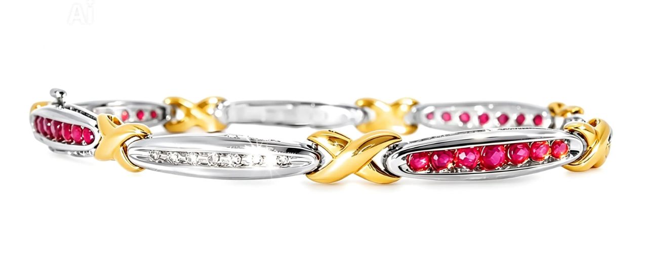 14K White Gold Ruby Diamond X Tennis Bracelet